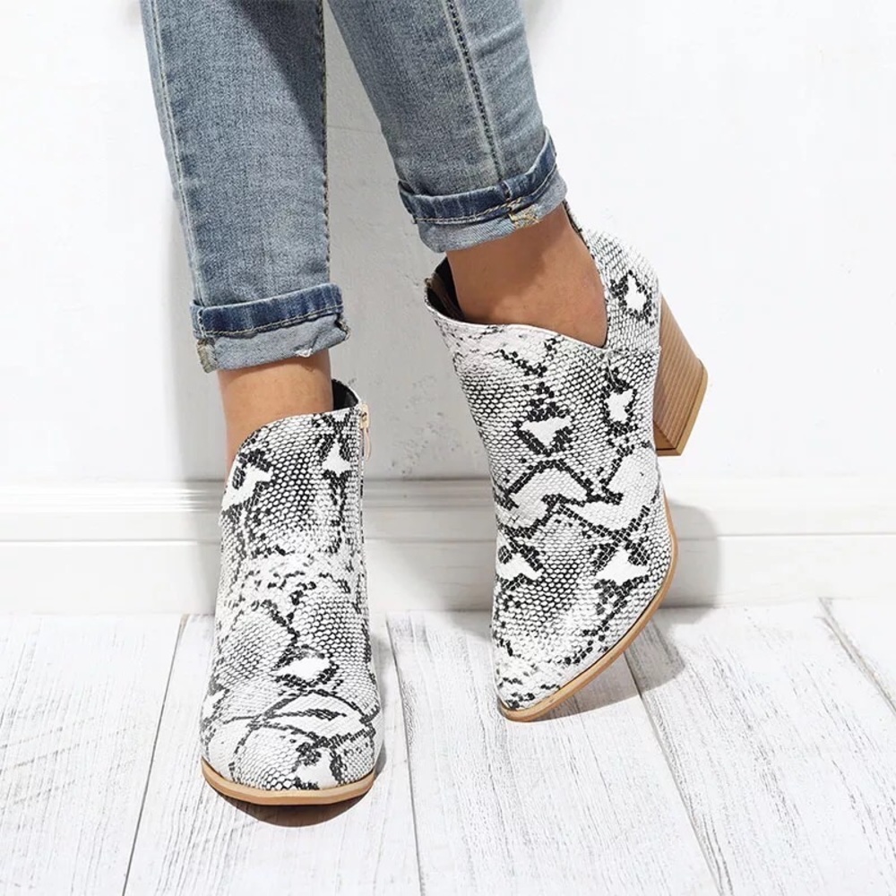 Gorgeous slit vegan snake leather ankle boots